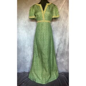 Vtg 60s Green Brocade Empire Waist Maxi Dress Med Gold Trim Evening Gown Regency